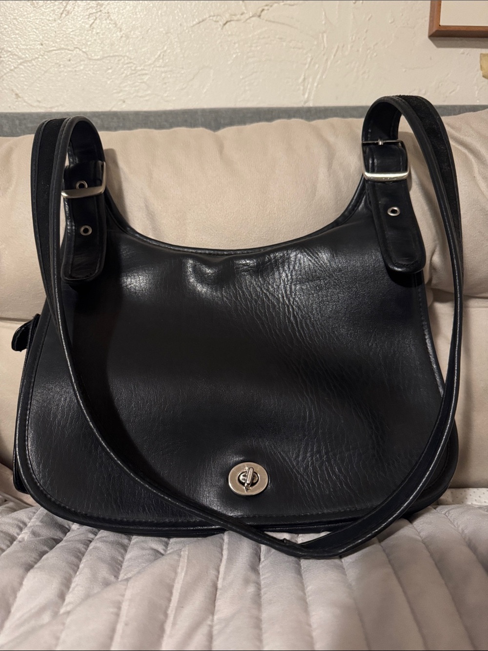 Coach Black Leather Crossbody Shoulder Bag with Turn-Lock